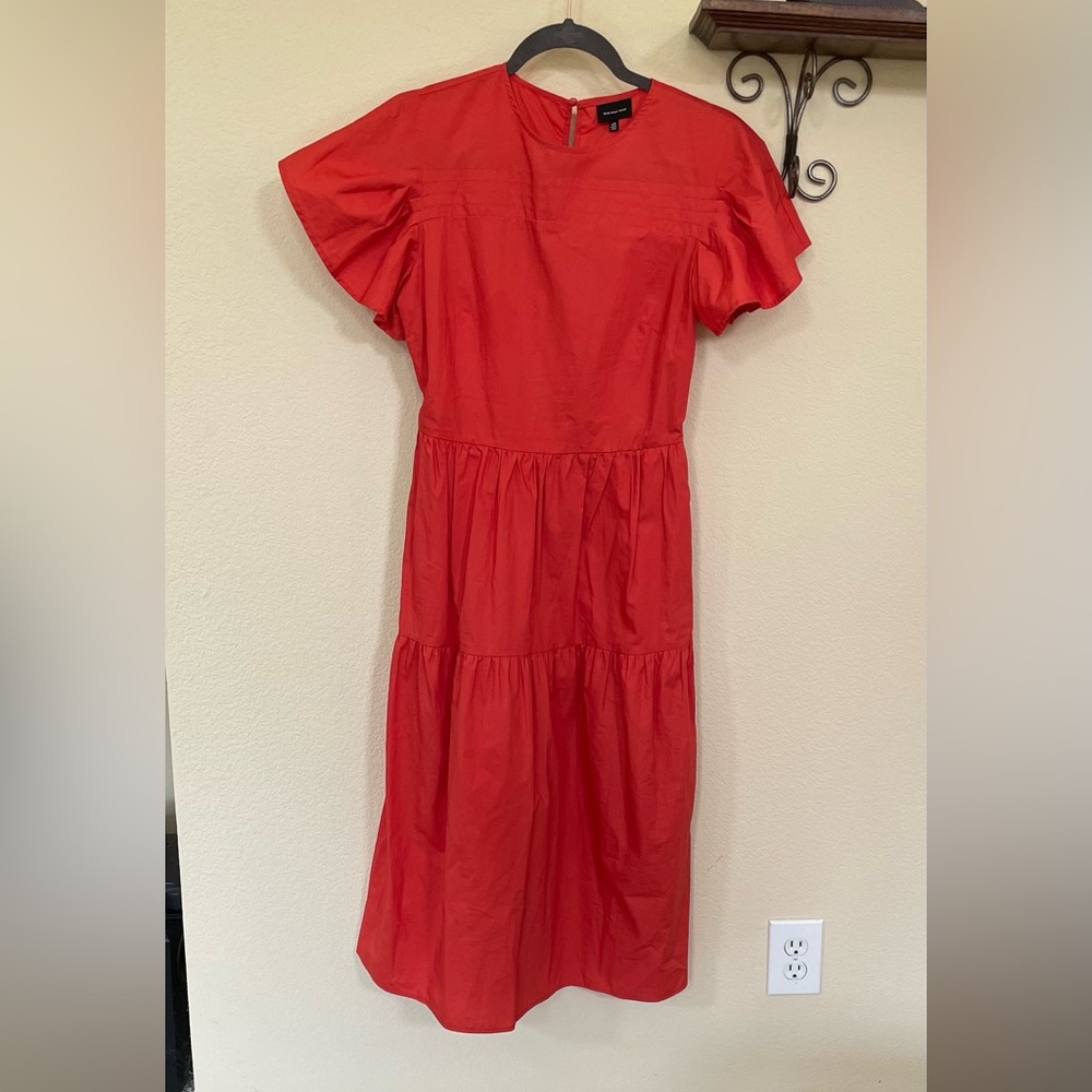 Who What Wear Orange Tiered Flutter Short Sleeve A-line Midi Dress
